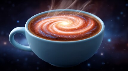 Floating Coffee Cup with Swirling Galaxy Steam Against a Cosmic Background