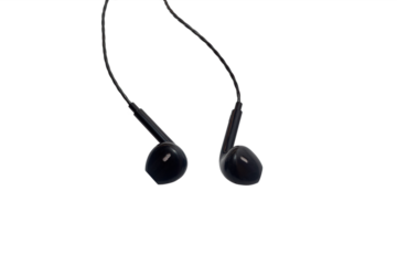 Close up of black wired headphones isolated on white background. Modern gadgets for communication