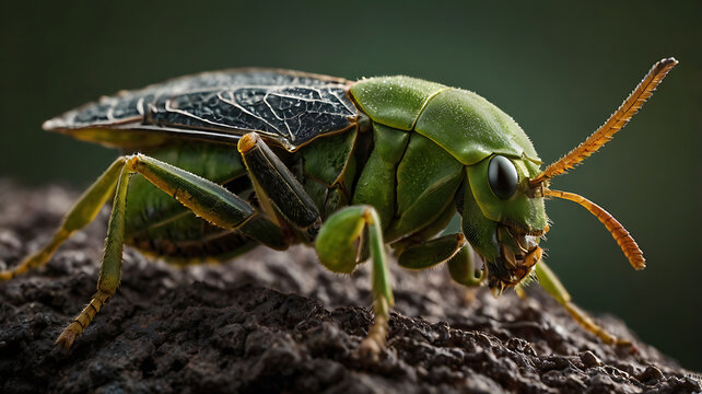 Close up macro shot of a vibrant green insect with detailed exoskeleton on wood.