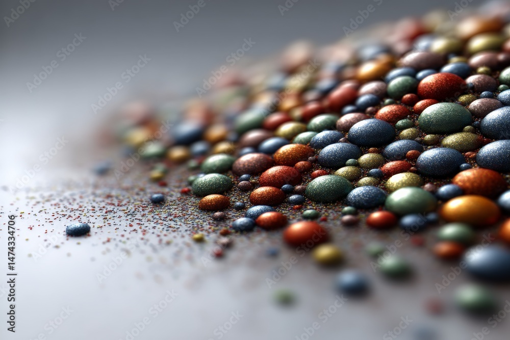 Poster colorful metallic spheres scattered on a smooth surface showcasing various shades and sizes under so