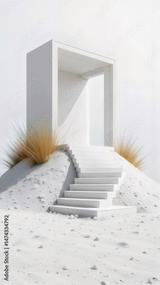 Aufkleber ミニマリストな白い階段が砂の上に白い背景の幾何学的な抽象的な建築デザイン
