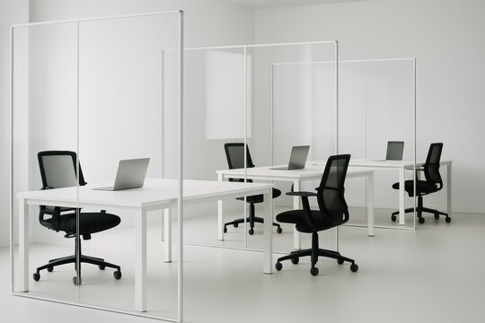 Minimalist office space with white desks, ergonomic black chairs, and transparent protective dividers, creating a modern and safe working environment. Laptops placed on each desk.