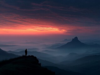 Silhouette of a person atop a mountain at dawn, mist-shrouded valleys, dramatic sky