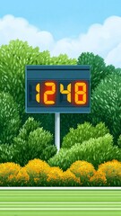 Minimalist Illustration of a Digital Tennis Scoreboard Displaying Scores 12 and 48 in a Lush Green Setting