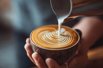 Crafting Latte: Milk Pouring into Espresso Cup, Creating Swirls, Brown Textured Mug Held by Hand, Close Up View