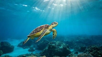 Obraz premium Ocean Voyager: A graceful sea turtle glides serenely beneath the sunlit surface of the deep ocean, embodying the tranquility of the underwater realm.
