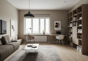 Fototapeta premium Bright living room with brown sofa, rug, coffee table, desk, chair, and bookshelf in a modern interior