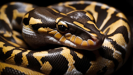 Obraz premium Close-up of a coiled ball python showing intricate patterns and textures