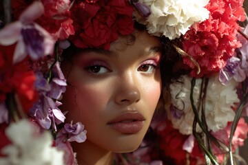 Floral headpiece adorns a woman's face.