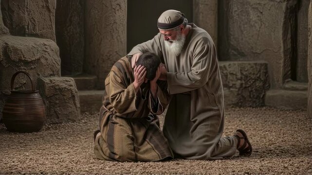 Man kneeling before elderly father in biblical scene. Prodigal son returns home. Concept of forgiveness and reunion for greeting card and religious theme	