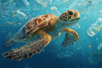 Fototapeta premium Sea turtle swimming in ocean with plastic waste