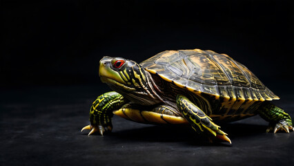 Close-up of a vibrant red-eared slider turtle on a dark, textured surface