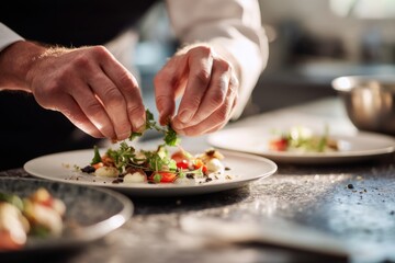 Close-up of chef's hands garnishing fresh salad with microgreens on white plate in professional kitchen with gourmet plating