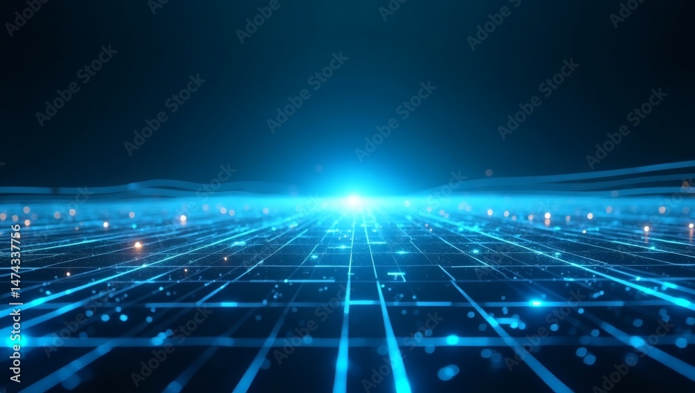 Poster a futuristic glowing grid with light streaks across it, with a bright source of energy in the distan