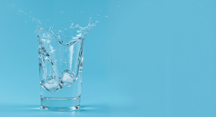 Glass of water with ice cubes creating splash on vibrant blue background with copy space. Fresh hydration concept for health campaigns, beverage marketing and wellness promotion