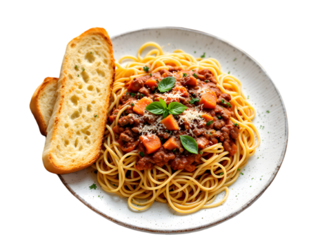 Delicious Italian Spaghetti Bolognese Dinner Plate with Garlic Bread Tasty Food Photography Recipe Image Fresh Meal Pasta Dish Home Cooked Comfort    