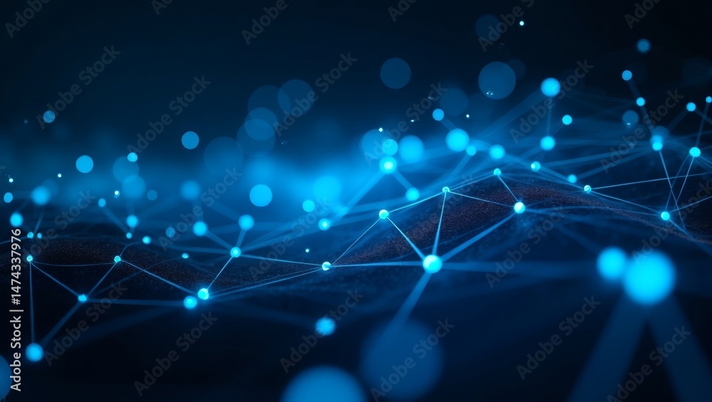 Poster abstract digital network connection with glowing nodes in the background. This image represents connectivity, innovation, technology, digital space, and futuristic concepts.