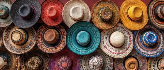 Display of colorful straw hats on red wall. Various designs and colors arranged attractively. Cheerful and engaging, ideal for market or retail setting.