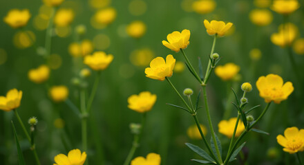 Fototapeta premium Yellow buttercup flowers blooming in green meadow with soft focus background creating depth. Spring wildflower landscape for environmental conservation, natural medicine