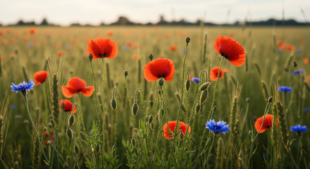 Fototapeta premium Red poppy flowers and blue cornflowers blooming in wheat field on summer day. Natural meadow landscape for environmental conservation, remembrance day and botanical art inspiration