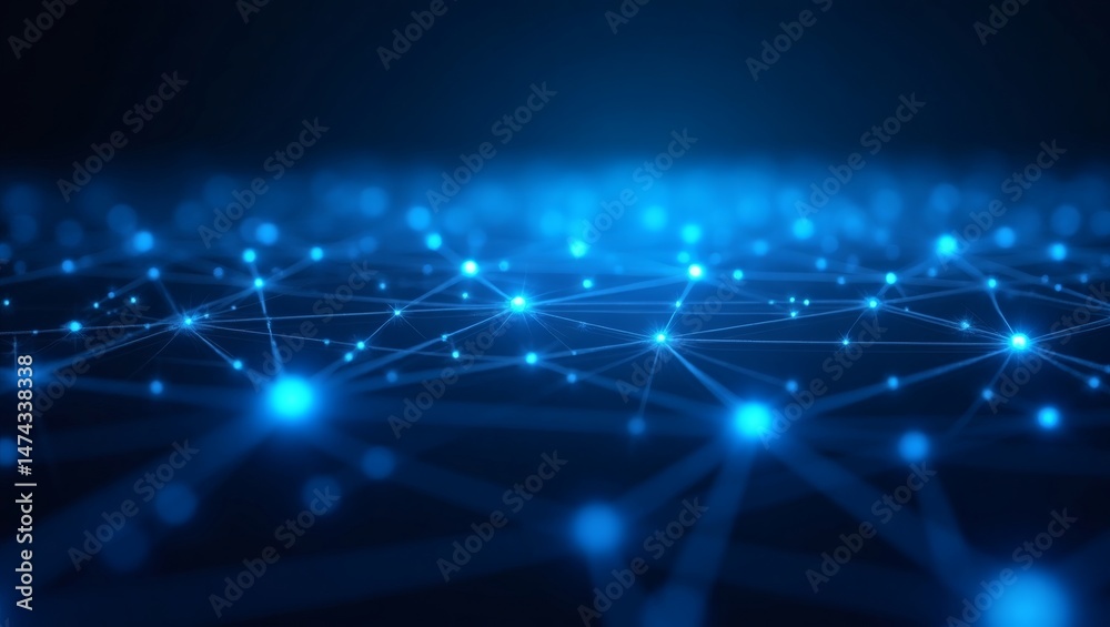 Poster a glowing network of interconnected dots creating a futuristic, digital world