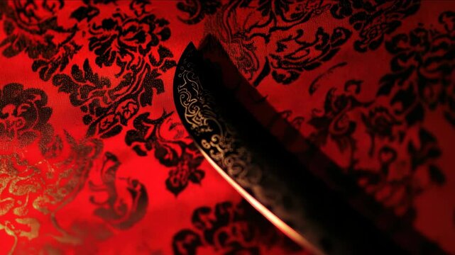 Ornate knife on red fabric with dark patterns.