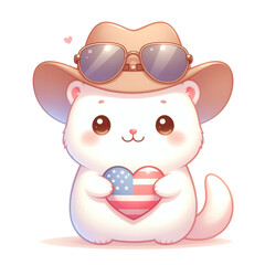 Cute cartoon animal with sunglasses and a heart for America isolated against a transparent background..