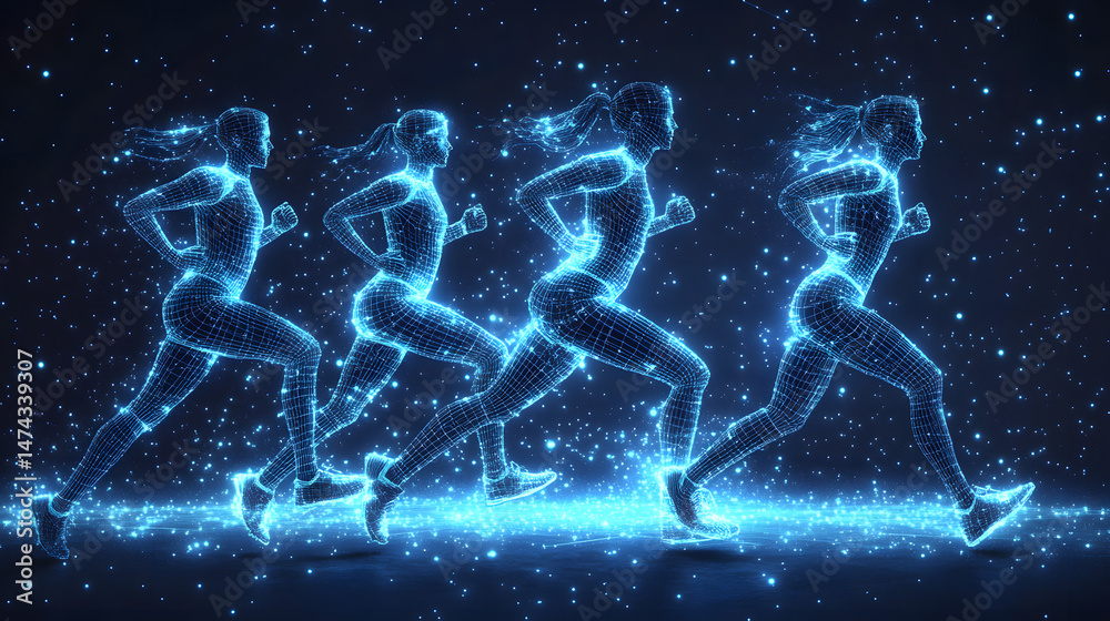 Poster futuristic runners sprint in the digital realm. glowing blue wireframes depict athleticism and techn