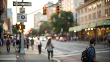 Urban street scene evening defocused background highlights life new york blurred motion