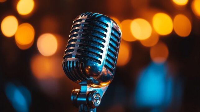 A vintage silver microphone on a stand in a blurred background with warm tones, evoking energy and artistic performance.