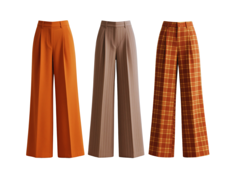 Three Wide Leg Trousers in Orange Brown and Plaid