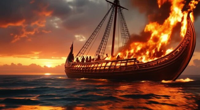 Burning viking ship on sea at sunset with dramatic fire and people