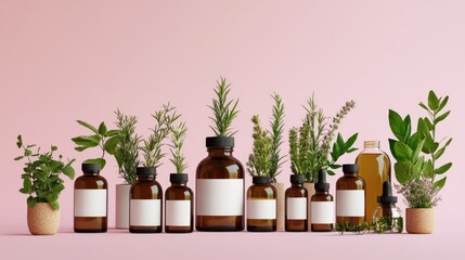 Brown apothecary bottles with white labels and plants arranged artistically on pink background