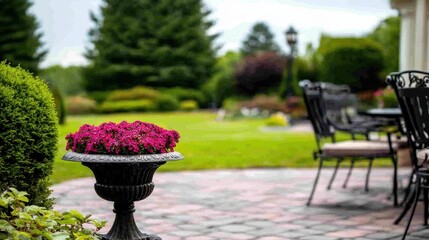 Fototapeta premium A decorative planter with purple flowers sits on a stone patio, surrounded by greenery and outdoor furniture in a peaceful garden setting.