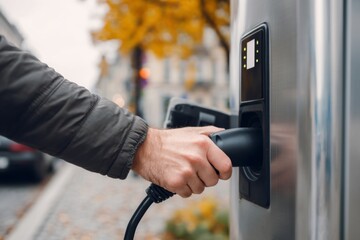 Obraz premium Person holding electrical car charger at station for automobile, future transport, eco-friendly technology