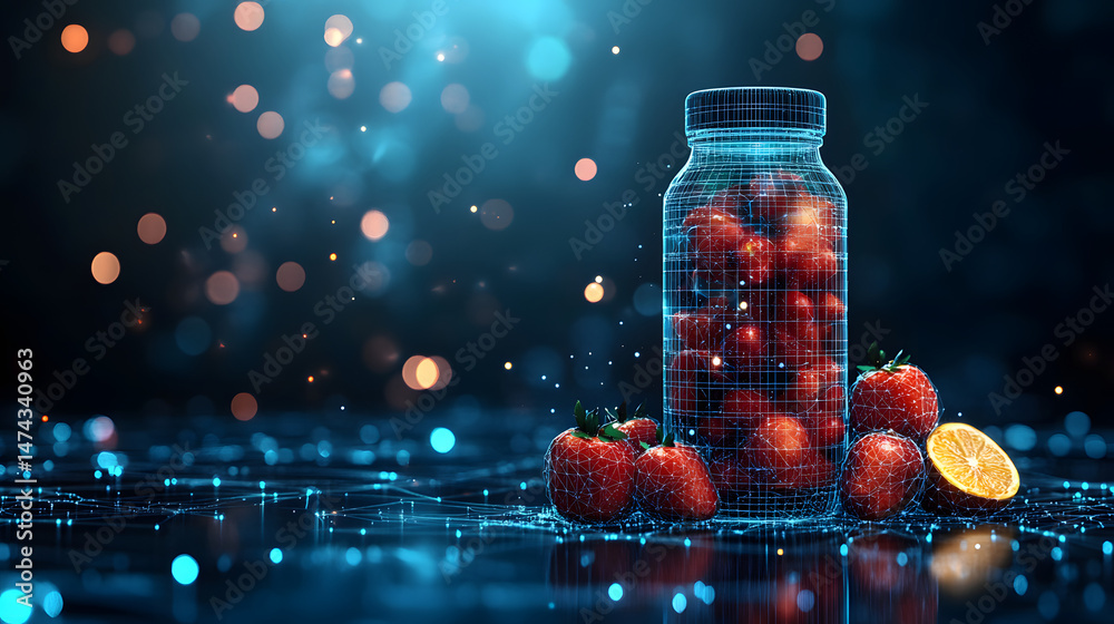 Poster digitally rendered fruits showcase a futuristic twist. a wireframe jar overflows with red berries, a
