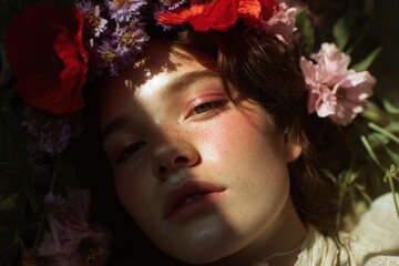 Naklejka premium A woman with floral crown, bathed in sunlight.