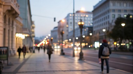 Evening stroll through urban streets city center blurred background cozy environment