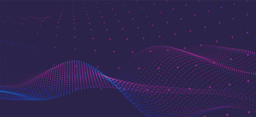 Abstract background with dynamic colorful wave. Futuristic dotted wave of bright particles. Dark background. Colorful background for presentation design. Wide format vector illustration. Interweaving 