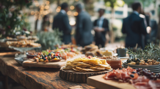 An outdoor buffet table laden with various appetizers and cheeses, with blurred guests in the background