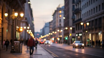 Blurred evening street scene city center urban life in a defocused nighttime atmosphere