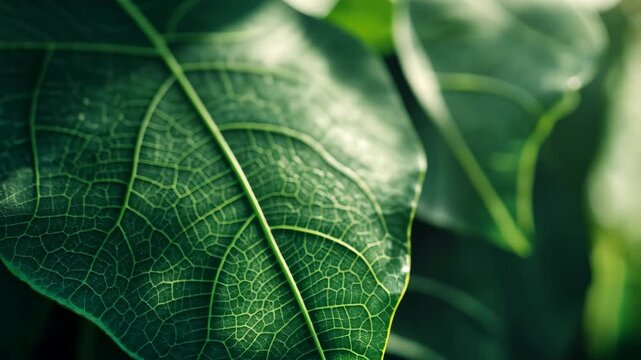 Close-up of a fig leaf with intricate veins and soft light filtering through its translucent green surface.