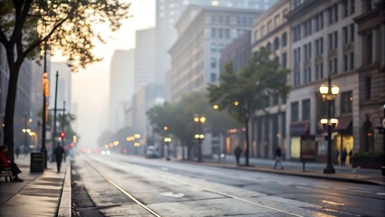 Foggy street scene with blurred background urban environment city life atmospheric view