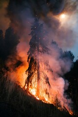 Fototapeta premium Burning Forest: A towering tree stands engulfed by flames, as fire rages amidst the dense forest, with smoke billowing into the twilight sky. Capturing the devastating power of nature's wrath.