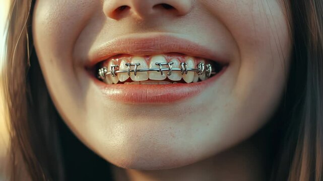 Close-up of a young woman smiling with metal dental braces. Orthodontic treatment for teeth alignment and oral care.