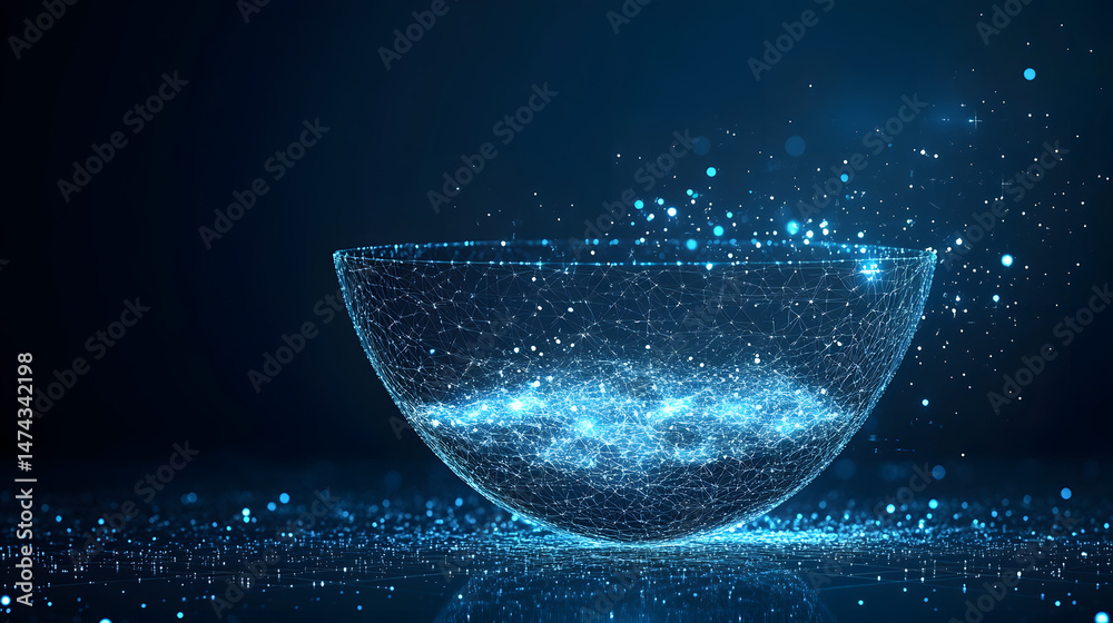 Leinwandbilder Futuristic digital bowl with interconnected blue lines and dots, showcasing energy convergence and data flow. Floating dots create a sense of movement. Abstract wireframe in dark blue.