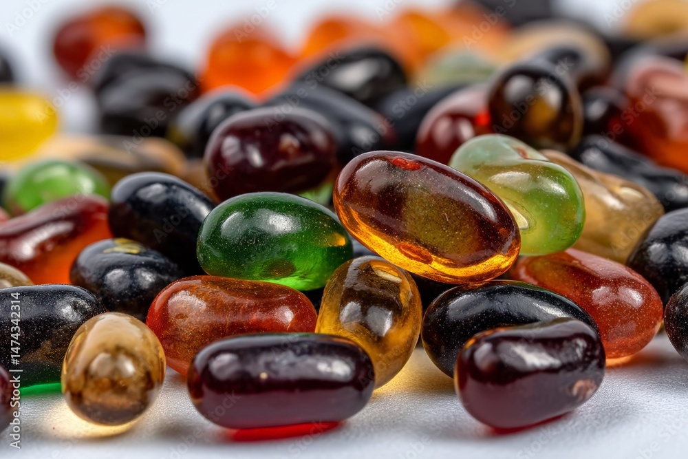 Poster colorful assortment of jelly beans displayed on a white surface in a close-up view during daylight