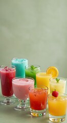 Colorful assortment of refreshing fruit drinks and smoothies on green background