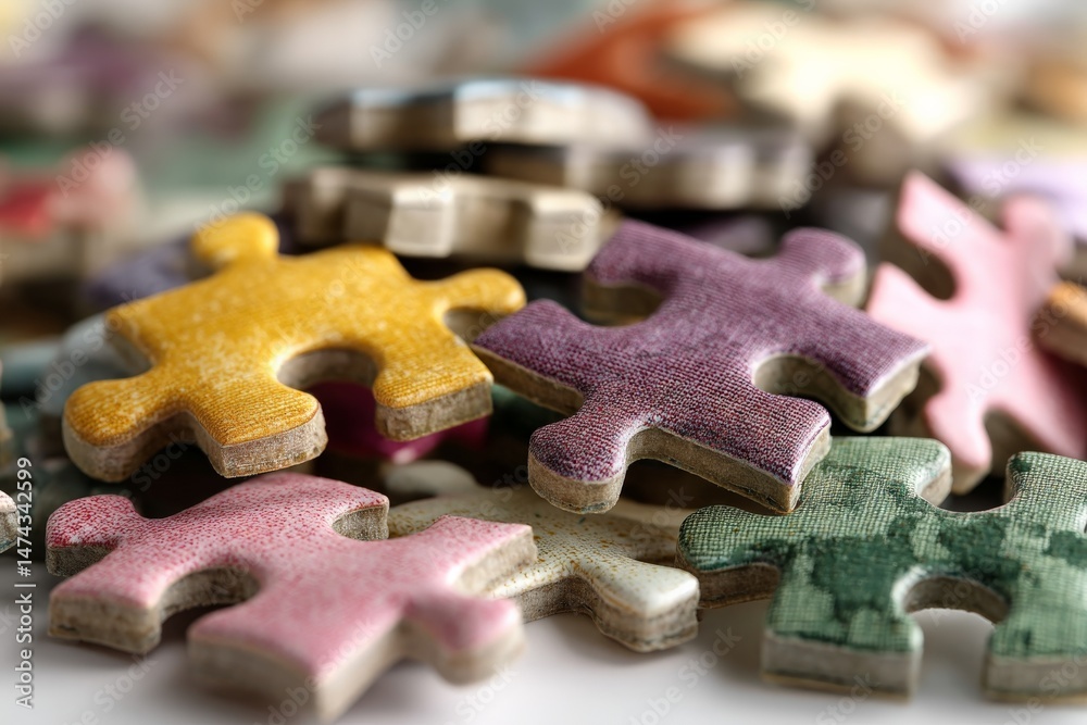 Poster Colorful puzzle pieces scattered on a surface, showcasing various designs and textures in close-up view