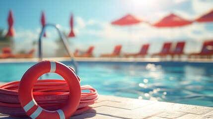A lifeguard outfit with red swimsuit and rescue gear by a sunny pool